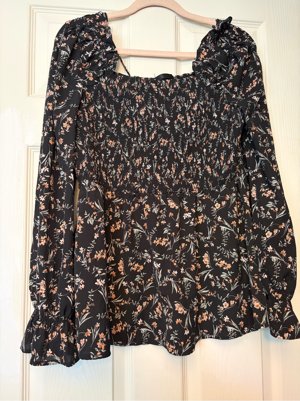 Smocked Floral Peasant Blouse - Black with Peach Floral